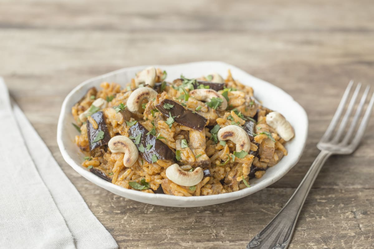 Curried Thai Rice Bowl with Roasted Eggplant, Mushrooms, and Toasted Cashews
