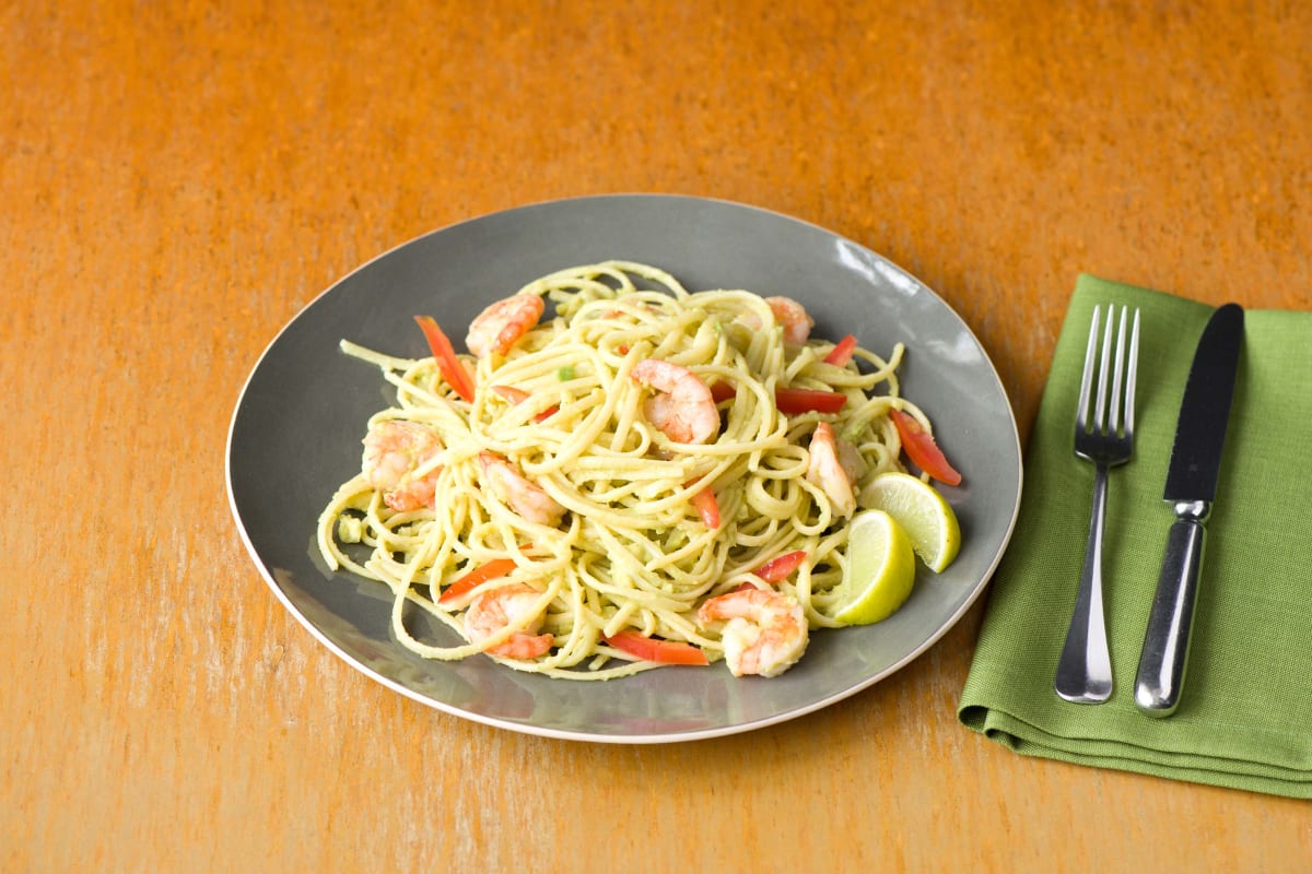 Creamy Avocado Linguine with Coriander Shrimp and Tomatoes