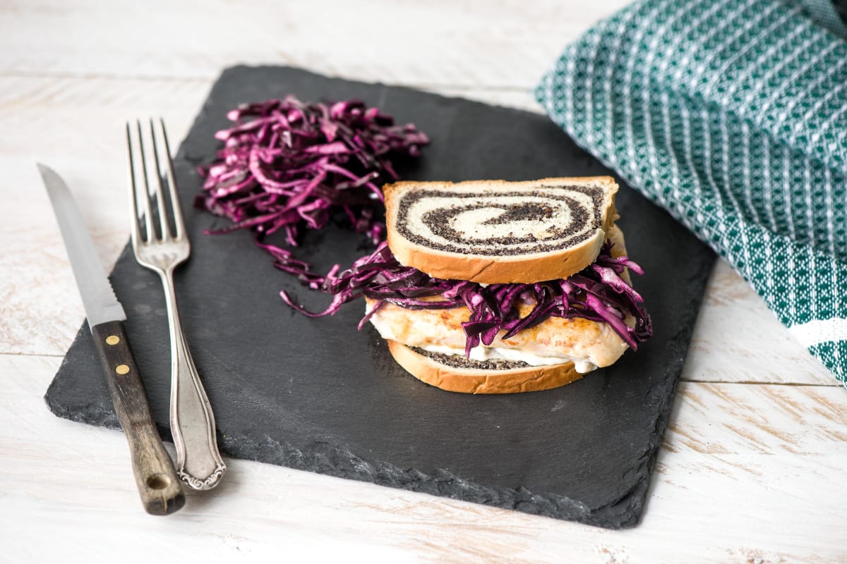 Chicken Schnitzel Sandwiches with Gruyere and Tangy Red Cabbage Slaw