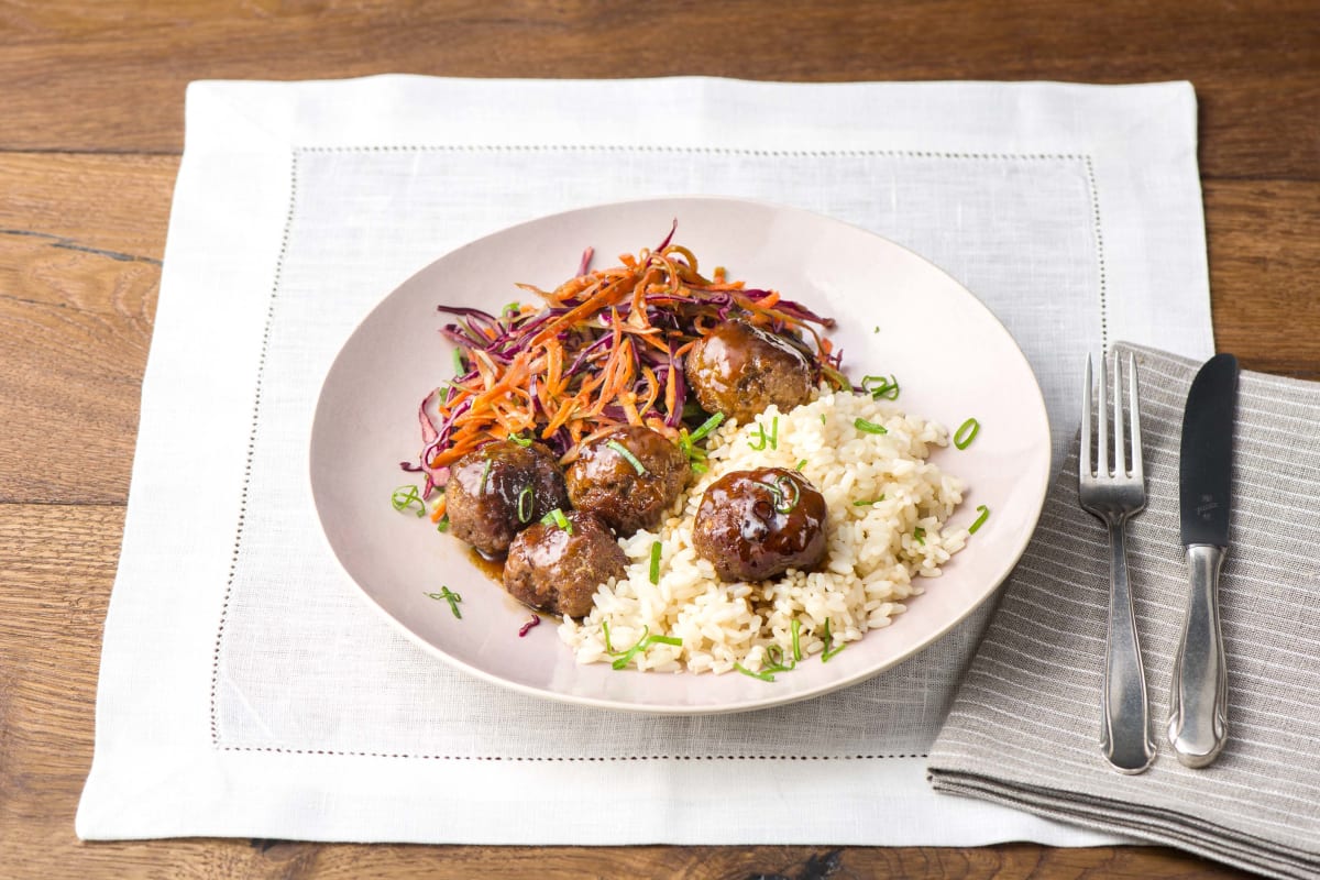 Teriyaki- Glazed Meatballs with Crunchy Cabbage Slaw and Basmati Rice