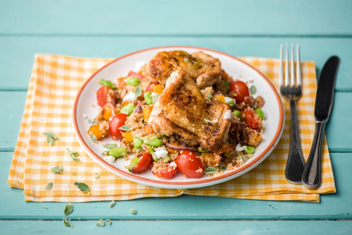 Guest Chef Recipe:  Ras el Hanout-Spiced Chicken Thighs with Freekeh Salad, Butternut, and Lemony Yogurt Sauce