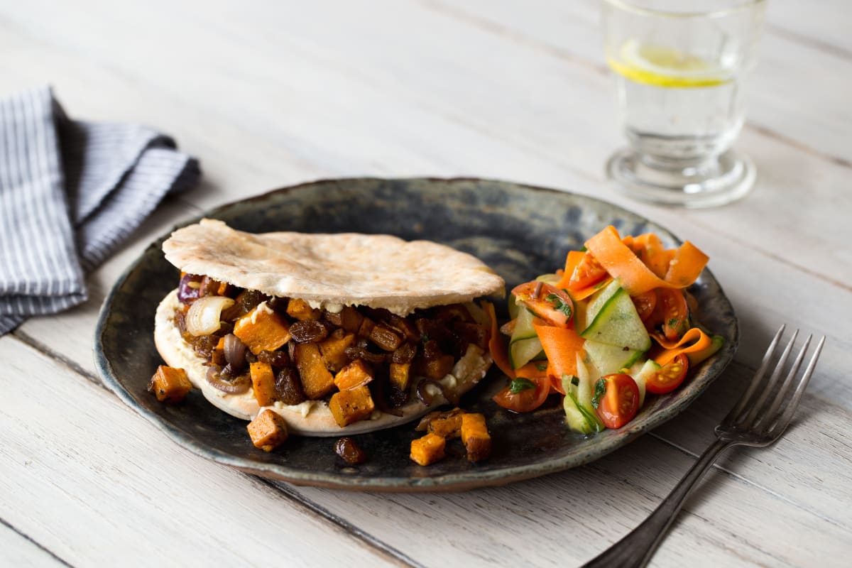 Sweet Potato Pita Wraps with Golden Raisins and Shaved Vegetable Salad