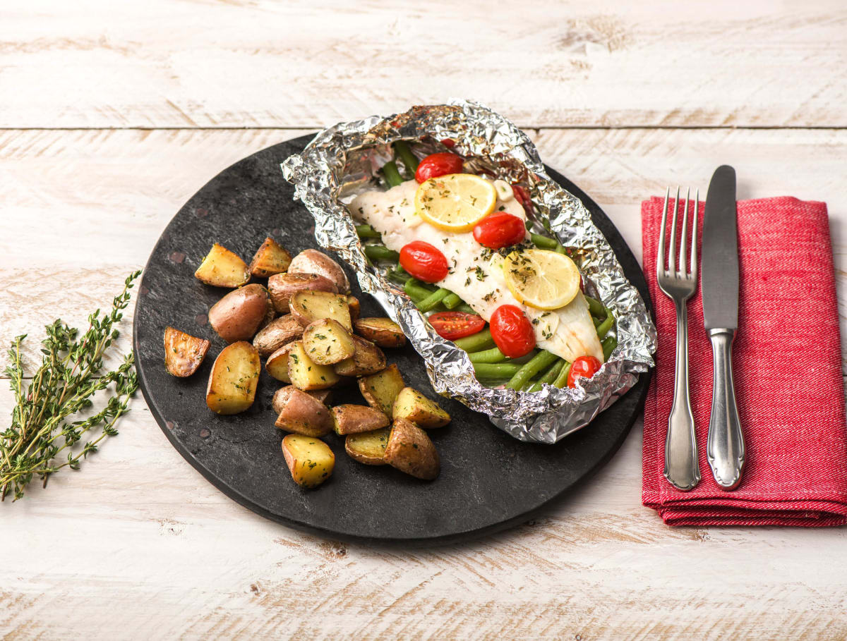 Heekfilet uit de oven met sperziebonen en aardappelen