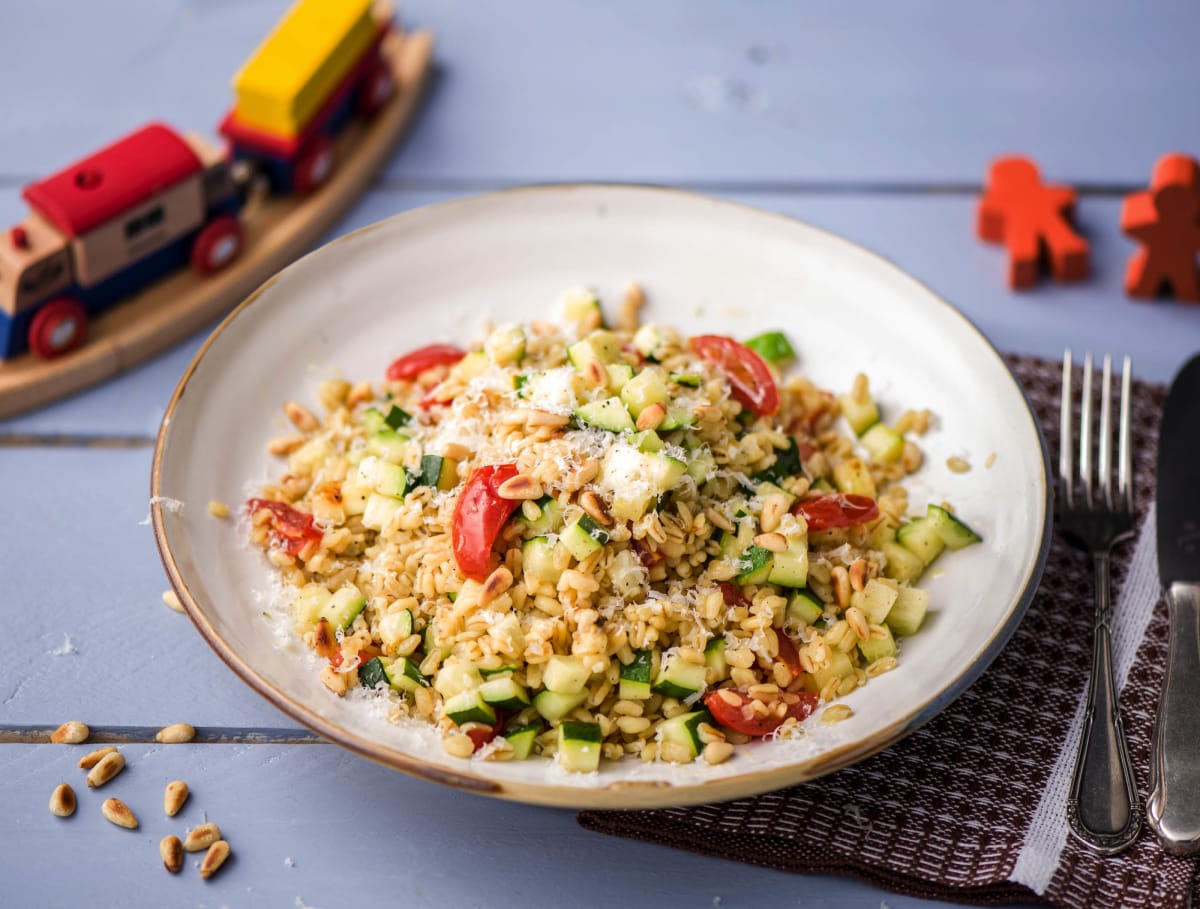 Risotto van parelgerst met pecorino en groenten