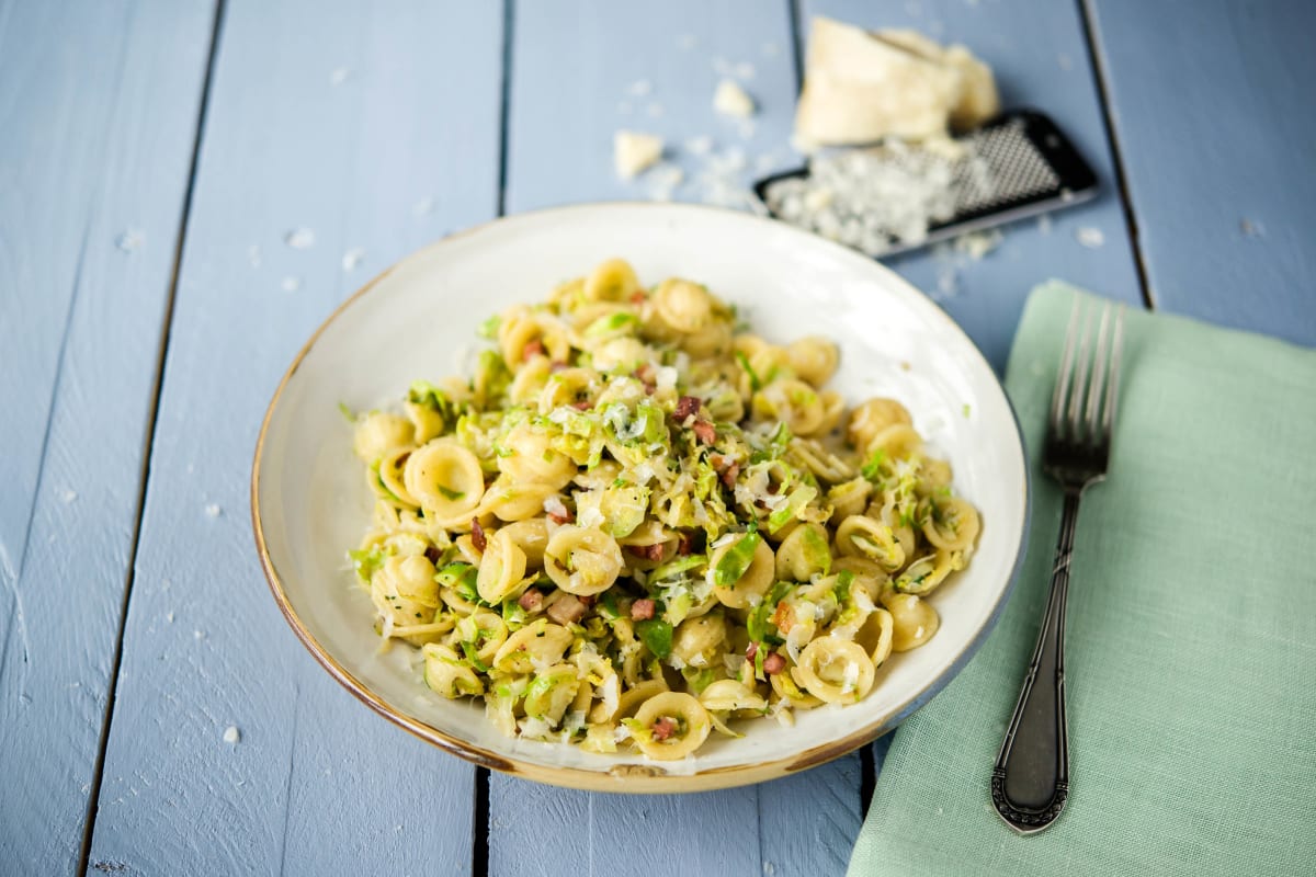 Creamy Orecchiette with Brussels Sprouts, Pancetta, and Wild Mushrooms