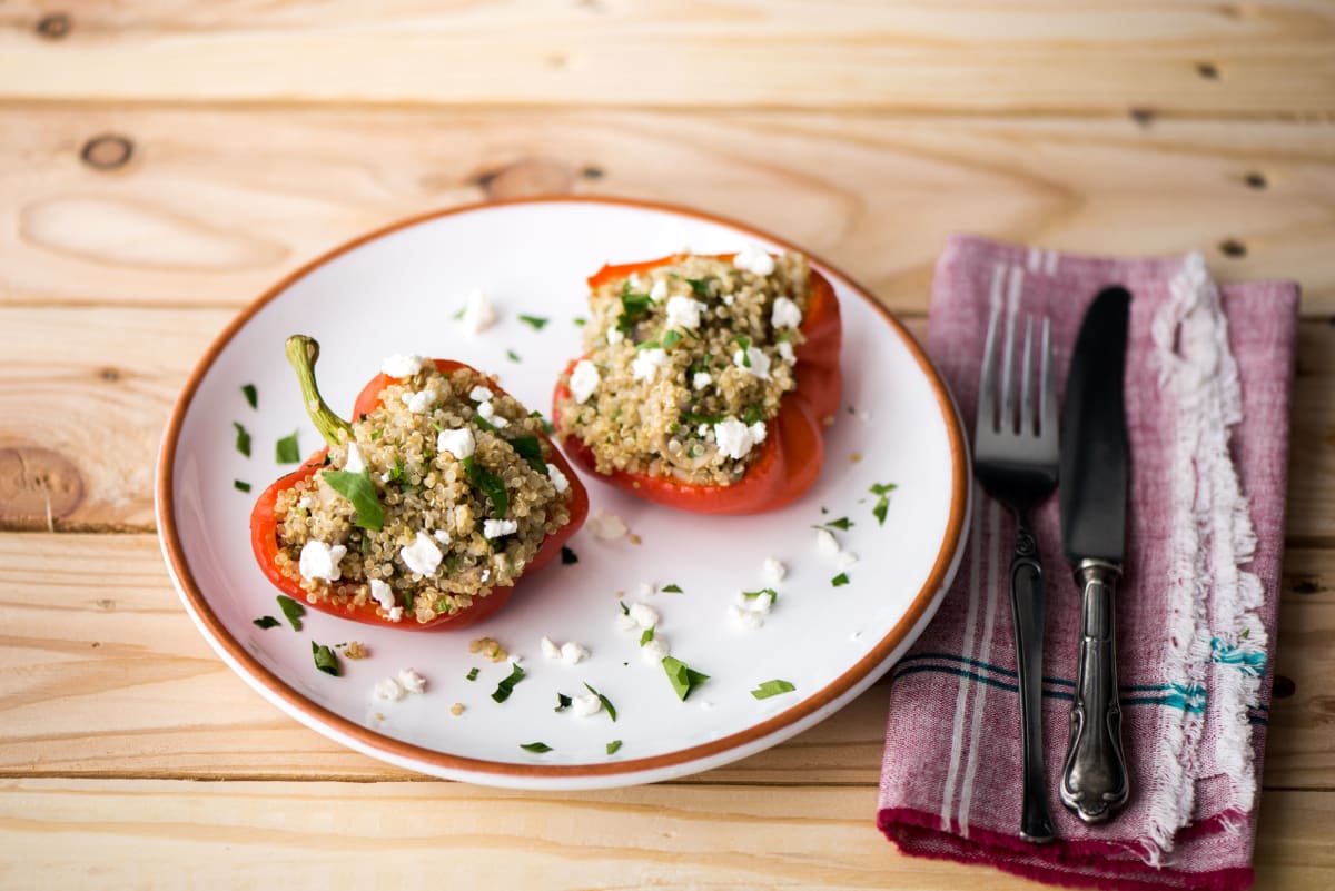 Quinoa-Stuffed Peppers with Feta Cheese, Mushrooms, and Shallot