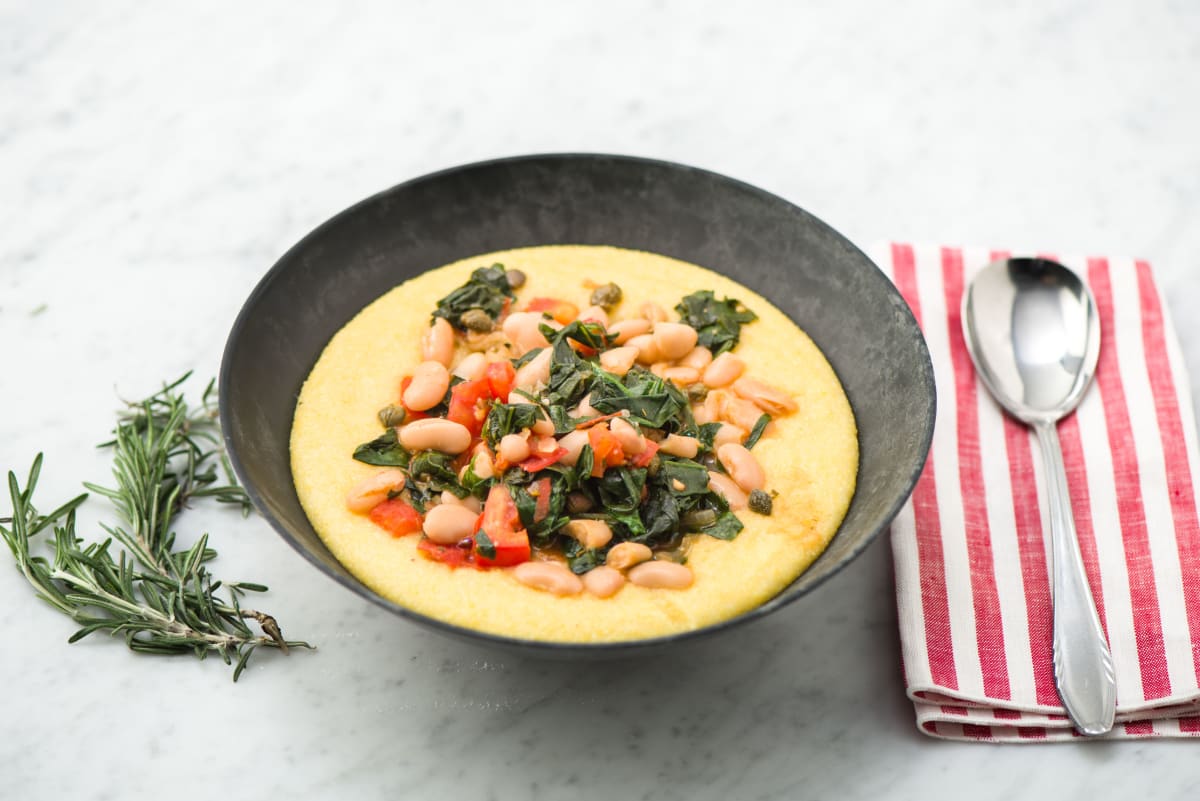 Tuscan White Bean & Rosemary Stew with Cheesy Polenta and Spinach
