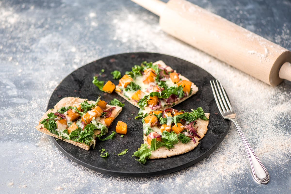 Butternut Squash and Kale Flatbread with Mozzarella, Thyme, and Balsamic