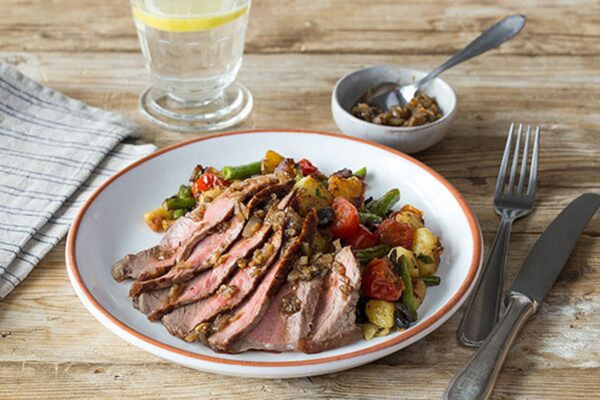 Seared Steak and Crispy Potato Salad with Tomatoes, Green Beans, and Shallot Pan-Sauce