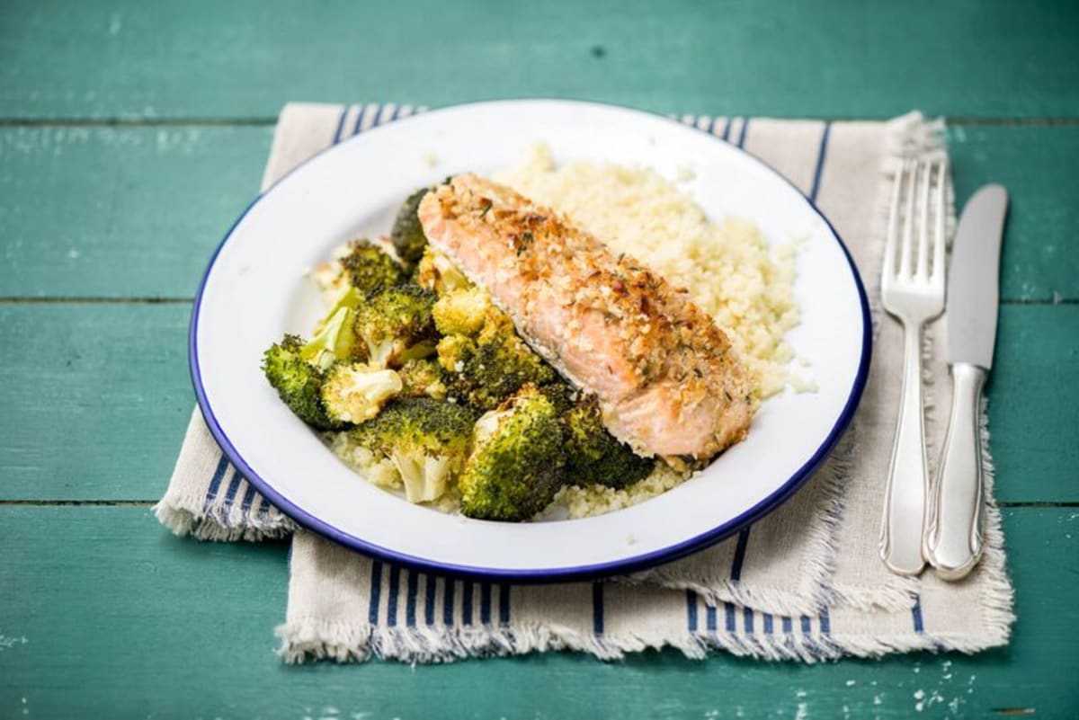 Walnut-Crusted Salmon with Crispy Broccoli and Pilaf-Style Couscous