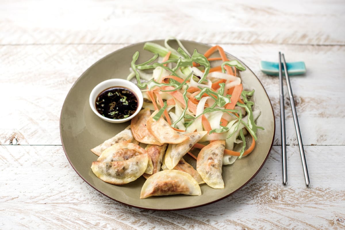 Seth’s Asian Pork Dumplings with Quick-Pickled Veggie Salad and Soy Dipping Sauce