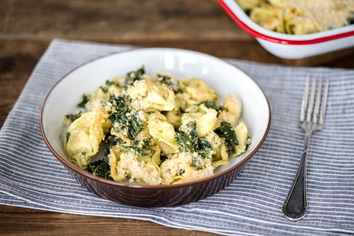 Tortellini Gratin with Kale and Parmesan Breadcrumbs