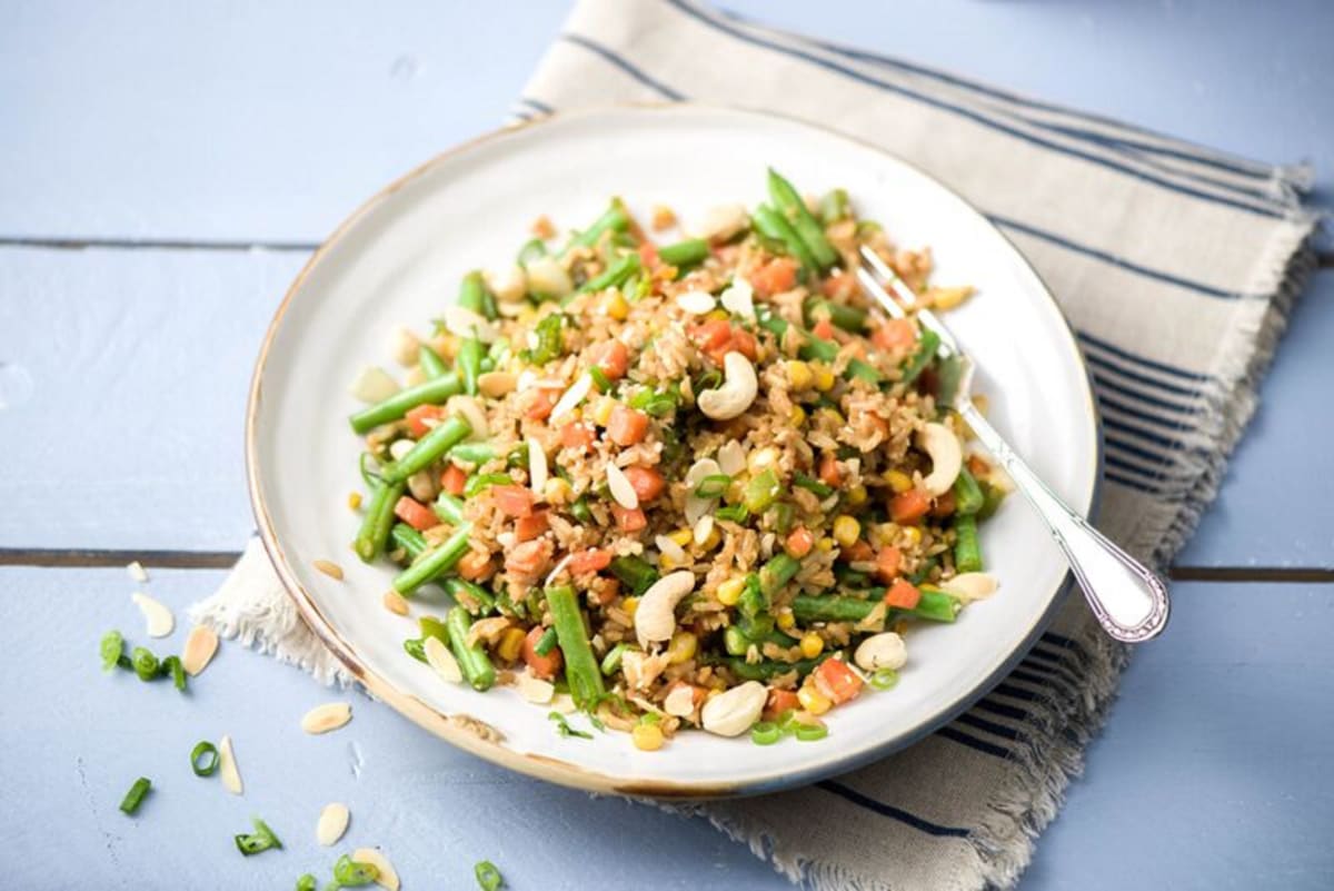 Toasted Brown Rice Protein Bowl with Stir-Fried Veggies and Cashews