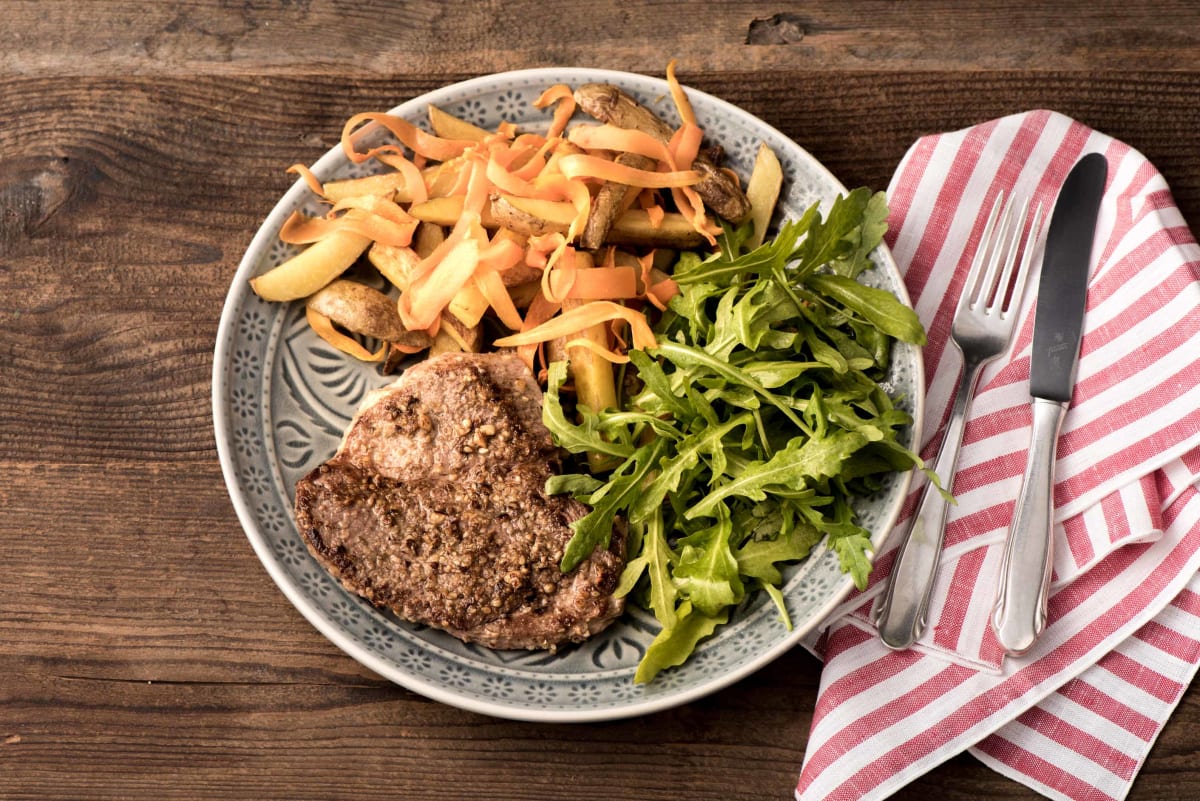 Dukkah Crusted Lamb with Chips Two Ways