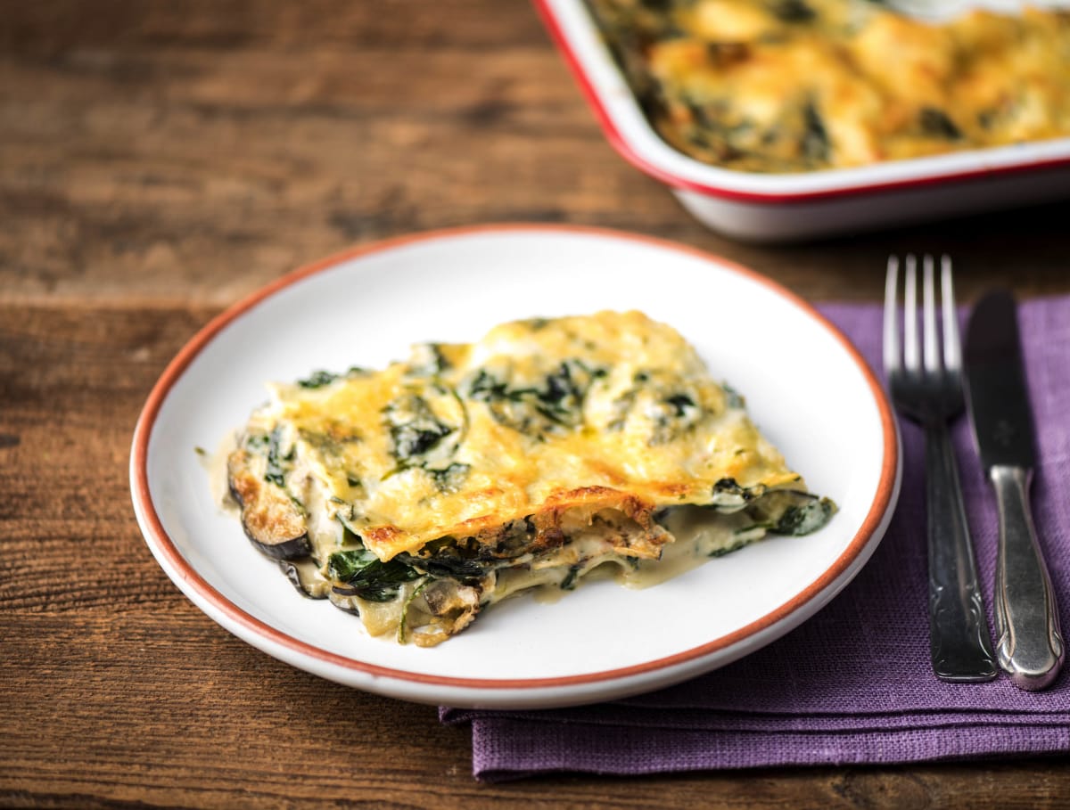 Romige groentelasagne met aubergine en wilde spinazie