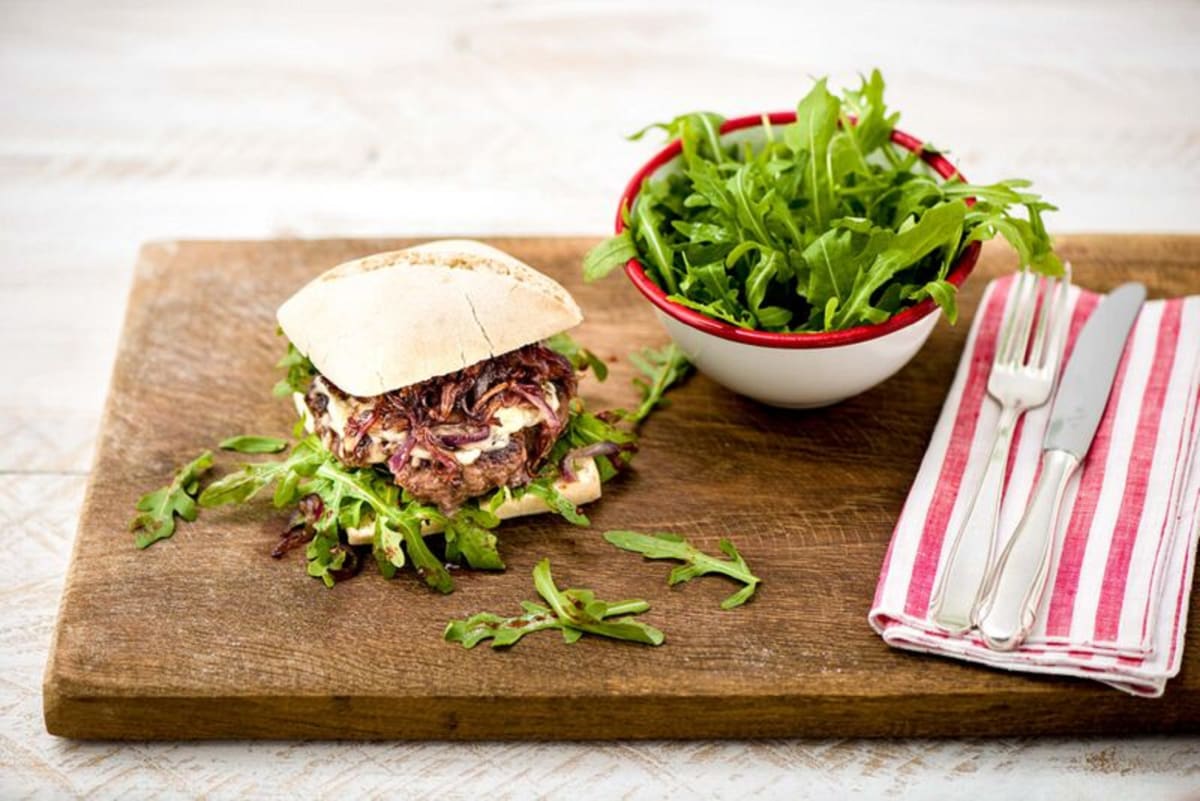 Italian Ciabatta Burgers with Caramelized Onion, Mozzarella, and Sweet-and-Tangy Arugula Salad