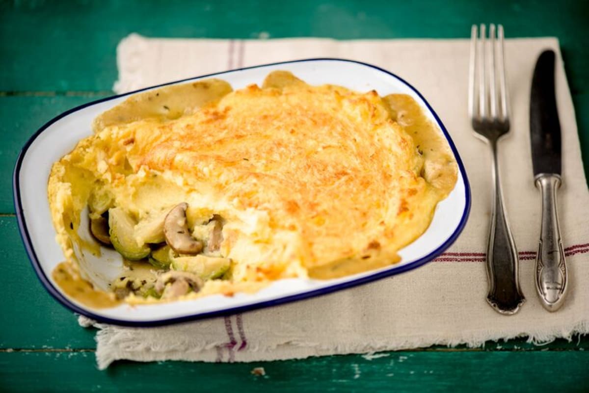 Brussels Sprout and Mushroom Shepherd’s Pie with Cheddar Mash