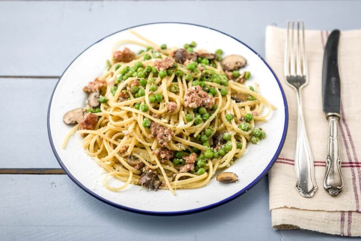 Turkey & Sage Tetrazzini with Sweet Peas, Mushrooms, and Parmesan Cream Sauce