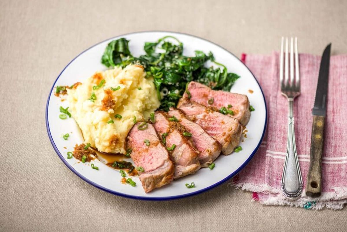 Soy-Glazed Steak with Wasabi Mashed Potatoes and Sesame Spinach