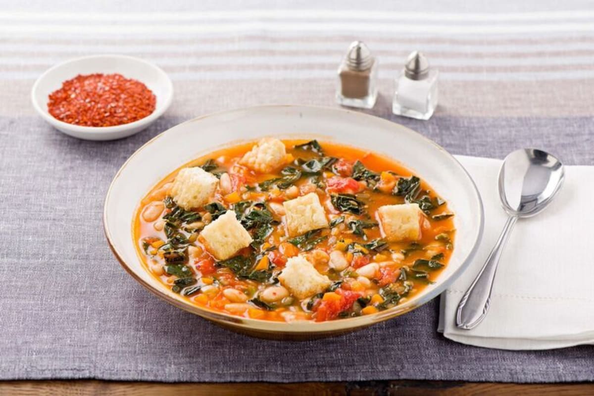 Tuscan Ribollita with Kale, Italian Sausage, and Parmesan Croutons