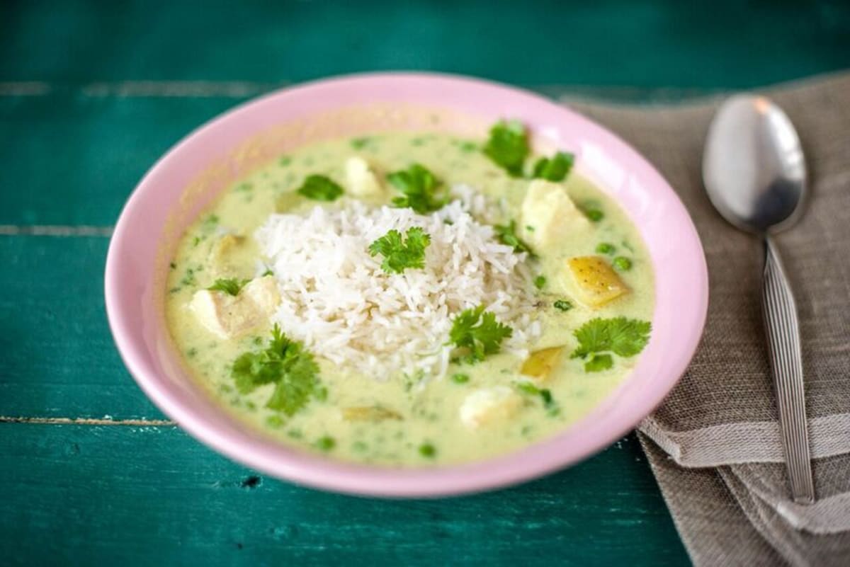 Creamy Coconut Fish Curry with Yukon Potatoes, Sweet Peas, and Cilantro