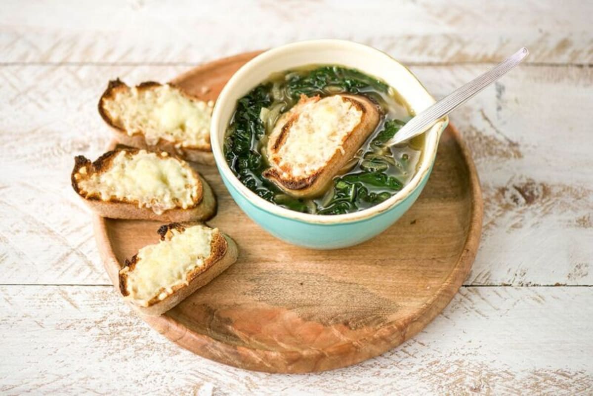 French Onion & Kale Soup with Gruyere Croutons