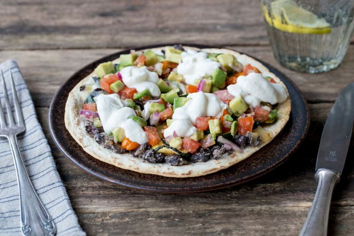 Roasted Vegetable Tostadas with Tomato-Avocado Salsa