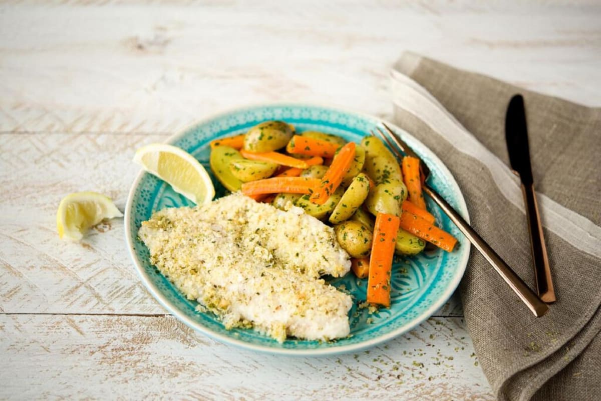 Parmesan and Herb-Crusted Tilapia with Buttery Potatoes and Carrots