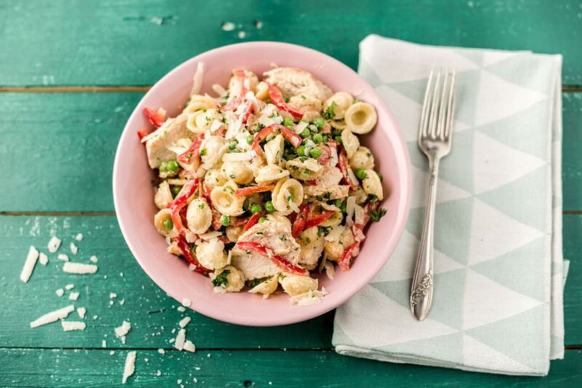 Pan-Seared Chicken and Orecchiette with Caramelized Bell Pepper and Parmesan Cream Sauce