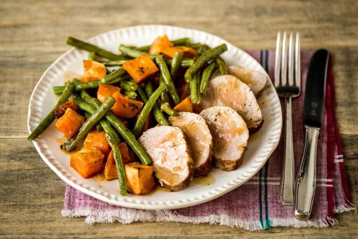 Glazed Pork Tenderloin with Caramelized Sweet Potato and Crispy Green Beans