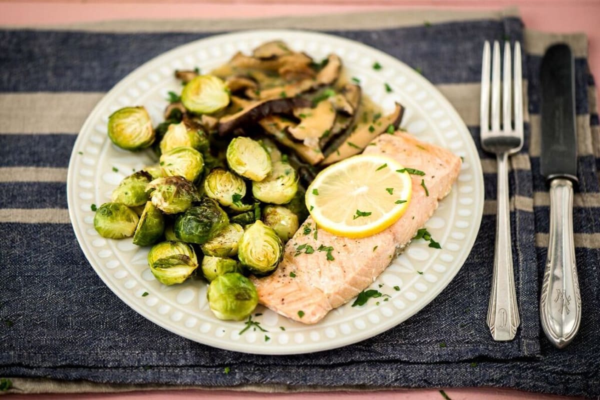 Trout en Papillote with Roasted Brussels Sprouts and Shiitake Mushroom Pan-Sauce