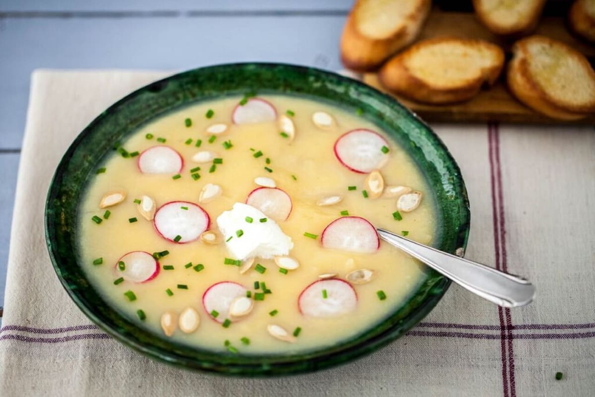Creamy Pear and Turnip Soup with Radish, Pepitas, and Toasted Baguette
