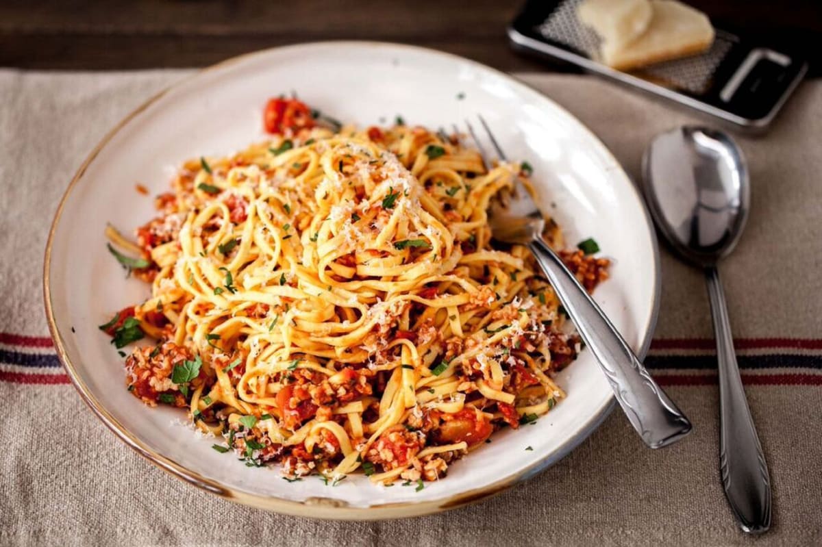 Tuscan Seitan Bolognese with Tagliatelle, Parmesan, and Chilies