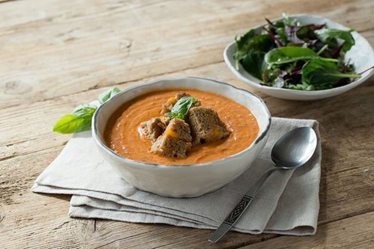Tomato-Basil Bisque with Grilled Cheese Croutons and Balsamic Greens