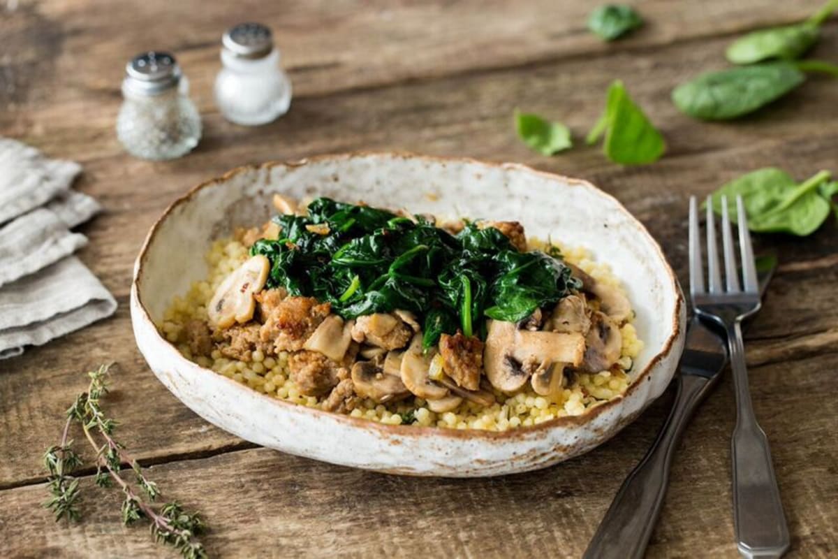 Fregola Sarda & Sweet Italian Sausage with Mushrooms, Wilted Spinach, and Parmesan