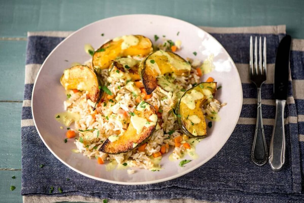 Roasted Acorn Squash & Coconut-Curry Sauce with Gingered Fried Rice