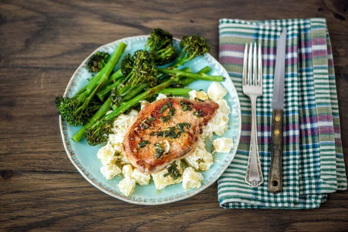 Sage-Butter Pork Chops with Roasted Broccolini and Citrusy Potato Salad