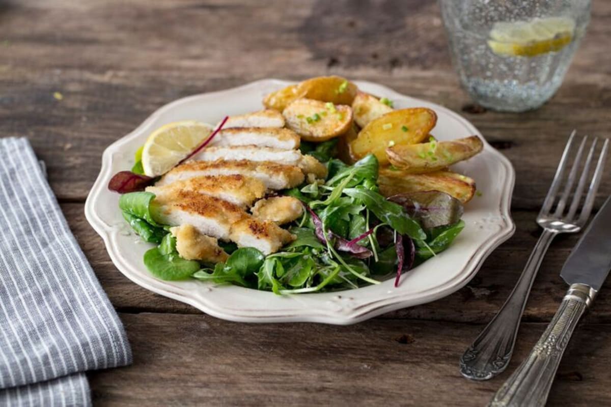 Chicken Milanese with Crispy Potatoes, Mixed Greens, and Creamy Lemon-Chive Dressing