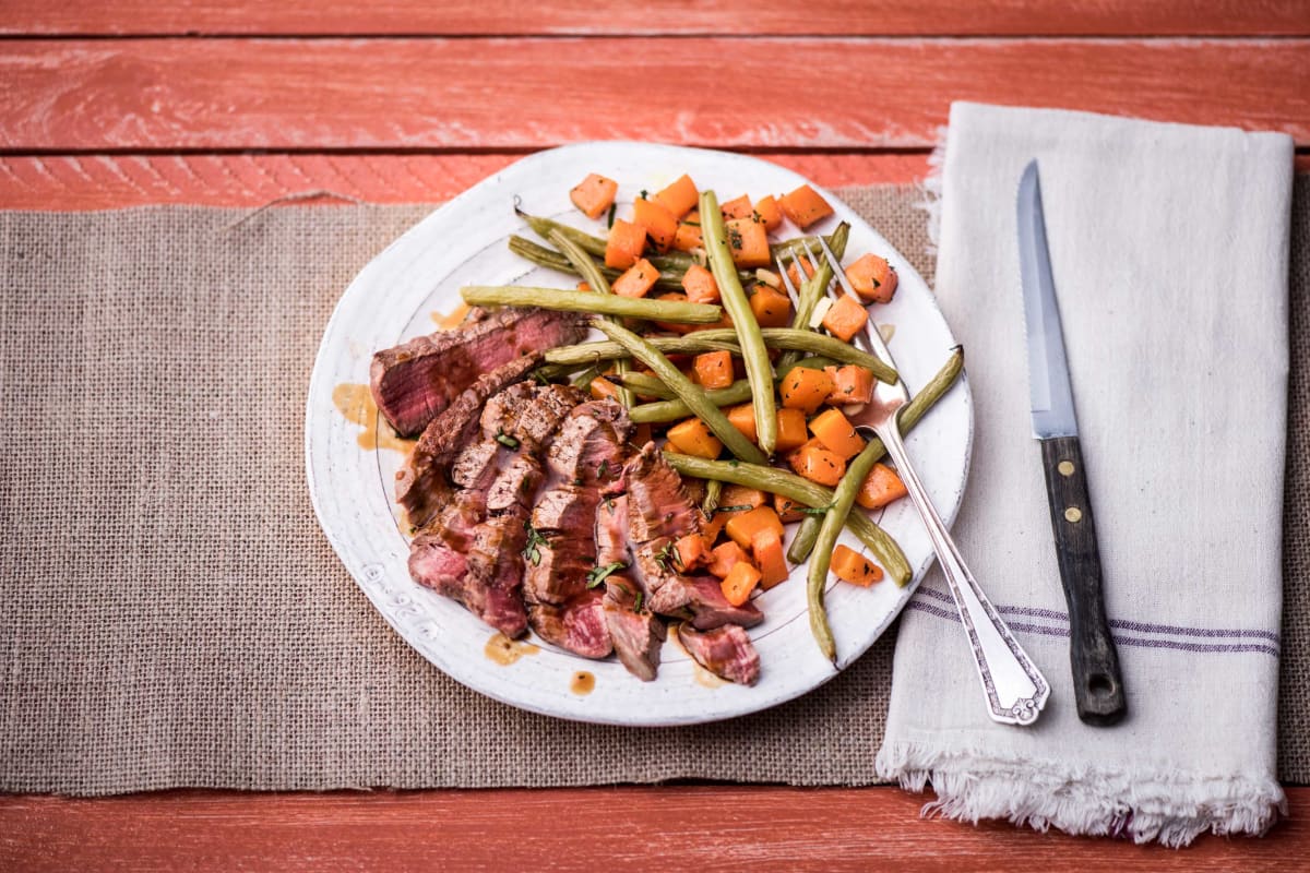 Pan Seared Steak With Roasted Butternut Squash And Green Beans Almondine Recipe Hellofresh