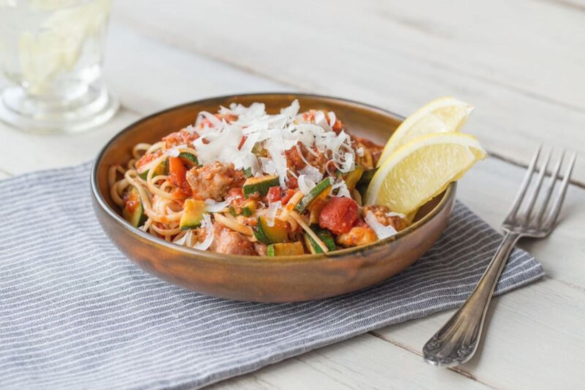 Tuscan Sausage Linguine with Zucchini, Chilies, and Parmesan