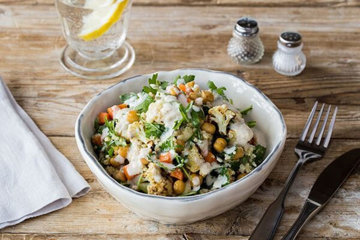 Crispy Chickpea and Roasted Cauliflower Salad with Quinoa and Roasted Garlic Vinaigrette