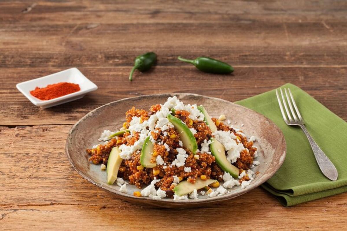 One-Pot Mexican Quinoa with Sweet Corn, Avocado, and Feta