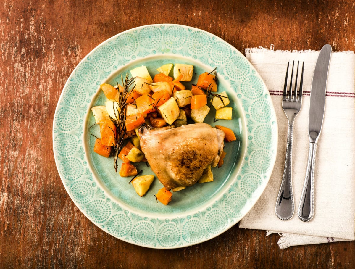 Gekonfijte kippendij met pompoen en goudreinet appel