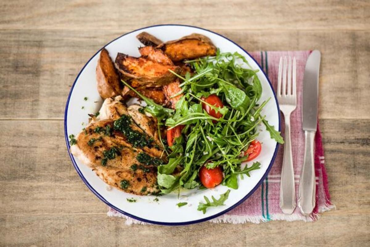 Lemony Chicken Paillard with Sweet Potato Wedges, Arugula Salad, and Chimichurri