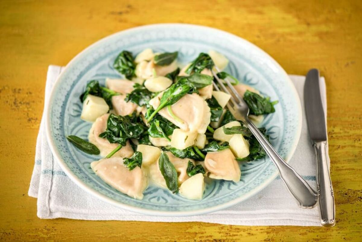 Butternut Squash Agnolotti with Apples, Spinach, and Sage-Brown Butter Sauce