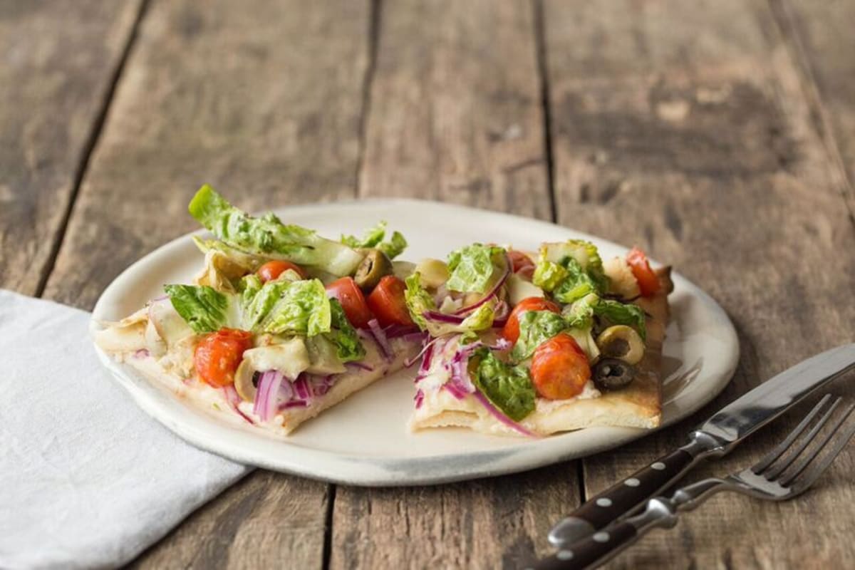 Greek Salad Flatbread with Olives, Artichokes, and Feta