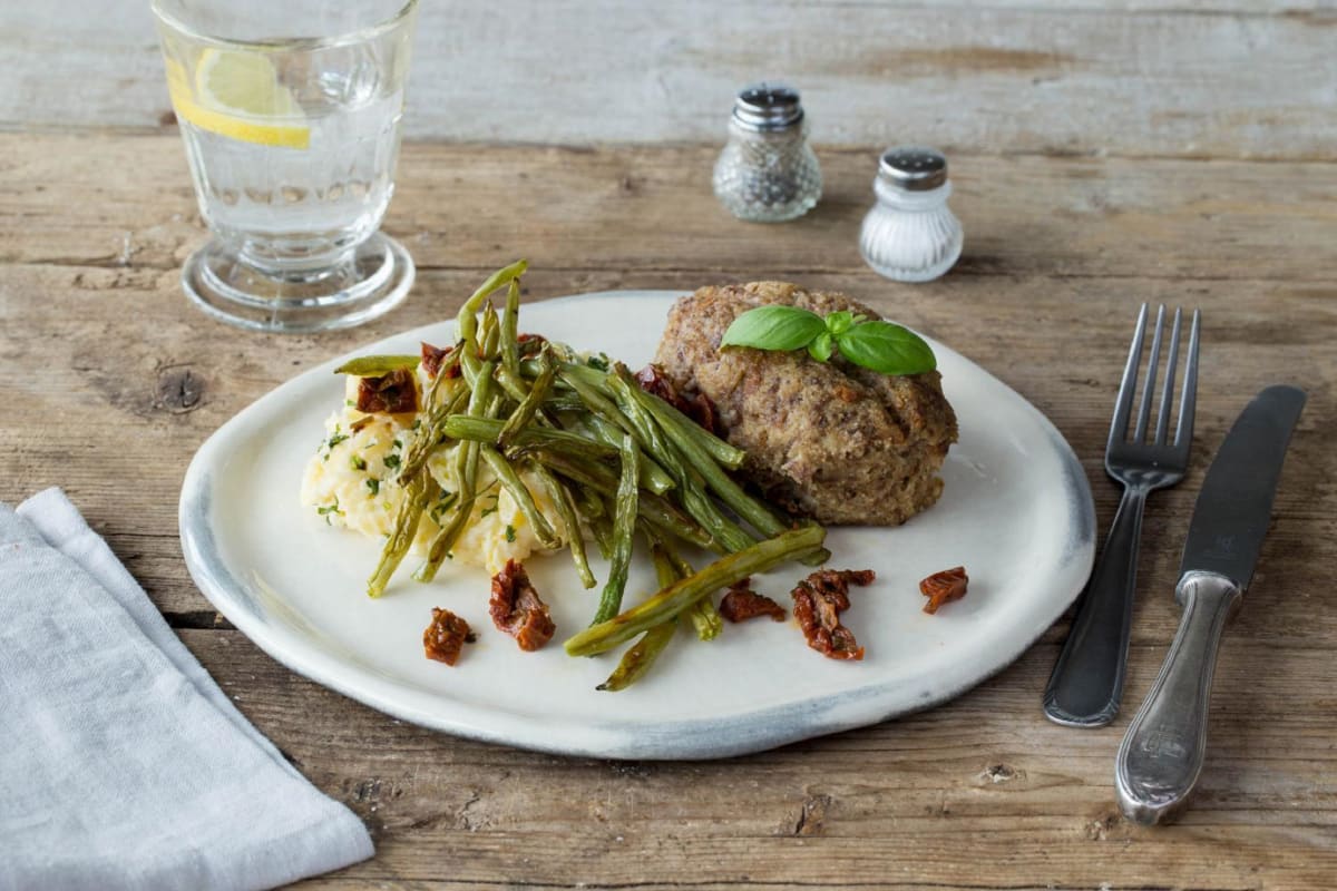 Italian Meatloaf with Sun-Dried Tomatoes, Roasted Green Beans, and Garlic-Basil Mashed Potatoes