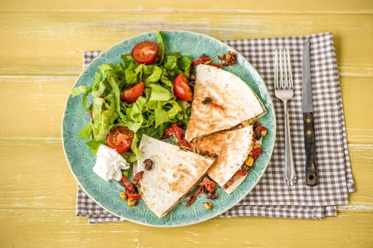 Black Bean & Charred Bell Pepper Quesadillas with Caramelized Onion and Crisp Romaine Salad