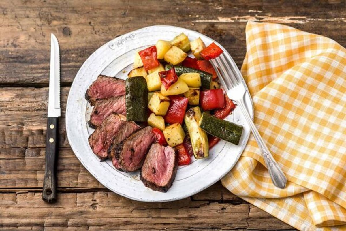 Quick-Marinated Steak with Broiled Balsamic Vegetables