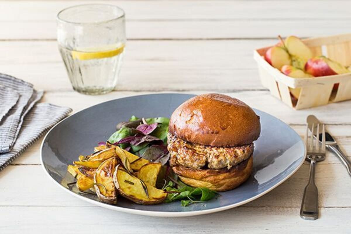 Pork and Apple Burger with Rosemary Potatoes and Mixed Green Salad